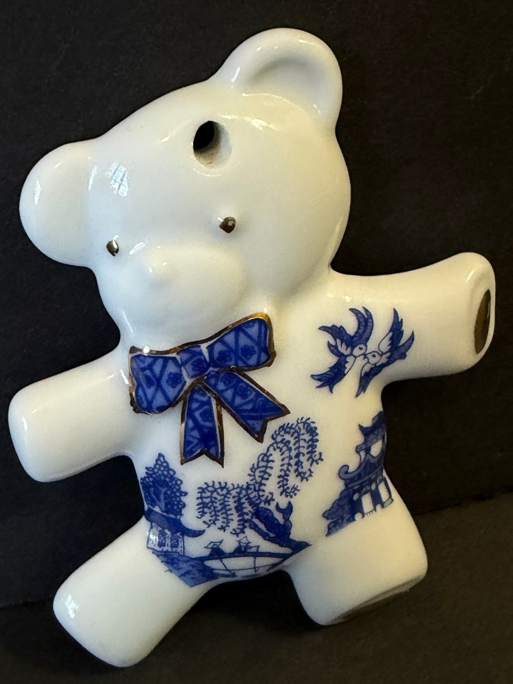 Paul Cardew Blue Teddy Bear Porcelain Ornament White Bow Tie Birds Pagoda Japan